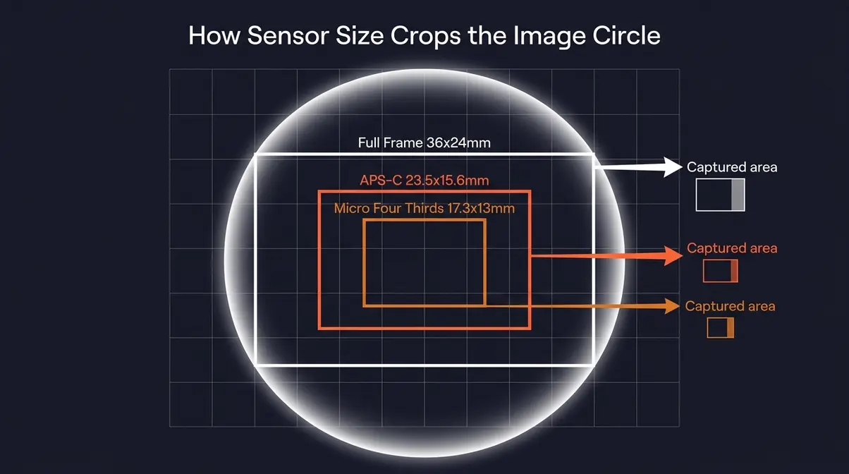 Diagram showing full-frame, APS-C, and Micro Four Thirds sensors capturing different portions of the same lens image circle
