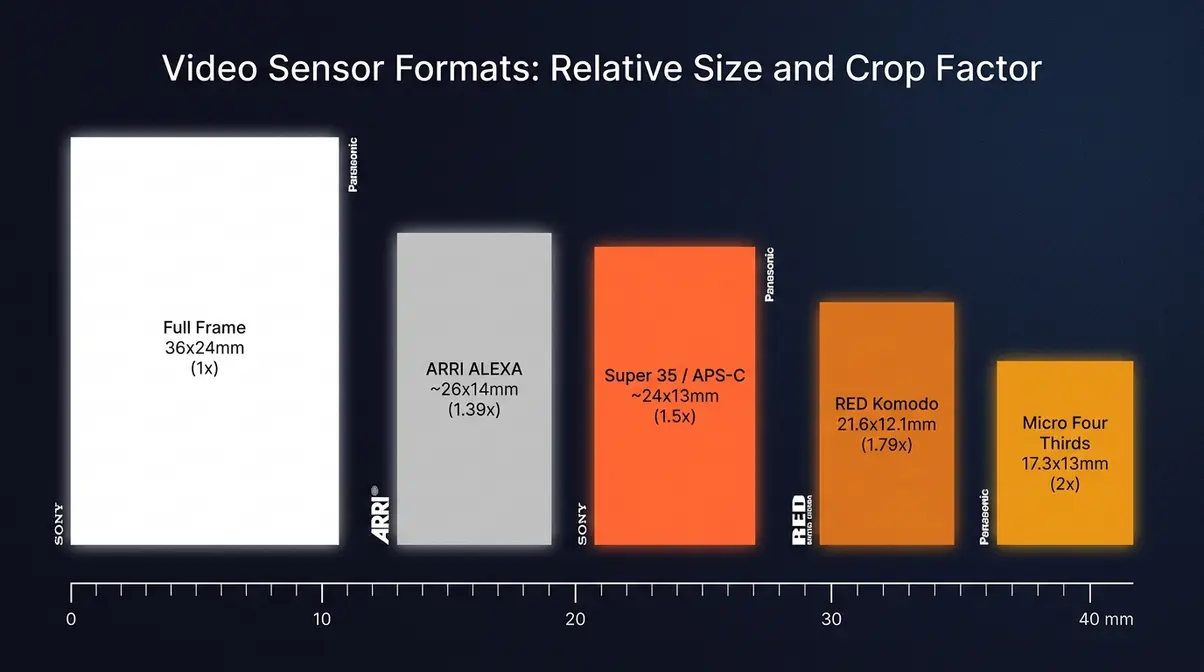 Comparison chart showing sensor sizes and crop factor values for full frame, Super 35, APS-C, Micro Four Thirds, and RED and ARRI cinema cameras