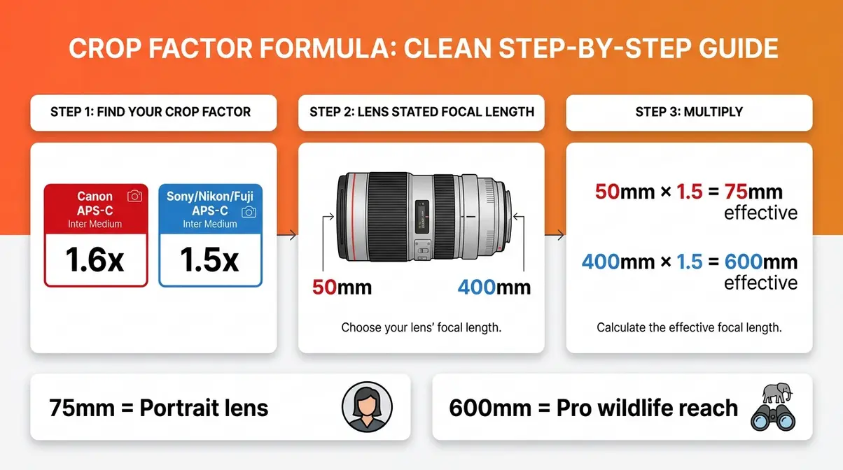 Visual infographic showing crop factor formula with worked examples for 50mm and 400mm lenses on APS-C sensors