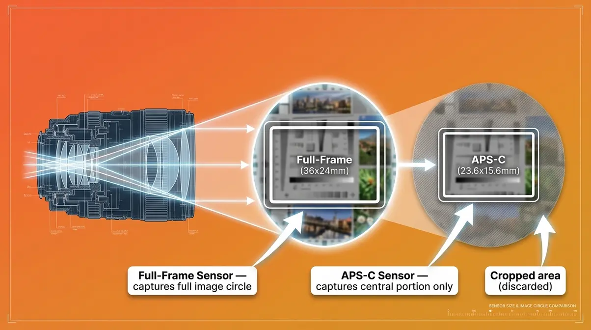Infographic showing camera lens image circle projected onto full-frame and APS-C crop sensor side by side, illustrating crop sensor explained visually