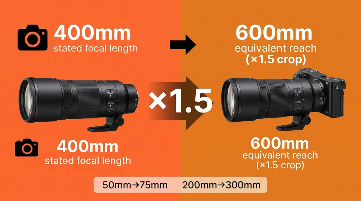 Diagram showing how a 400mm lens becomes 600mm equivalent on an APS-C crop sensor camera using the 1.5x crop factor