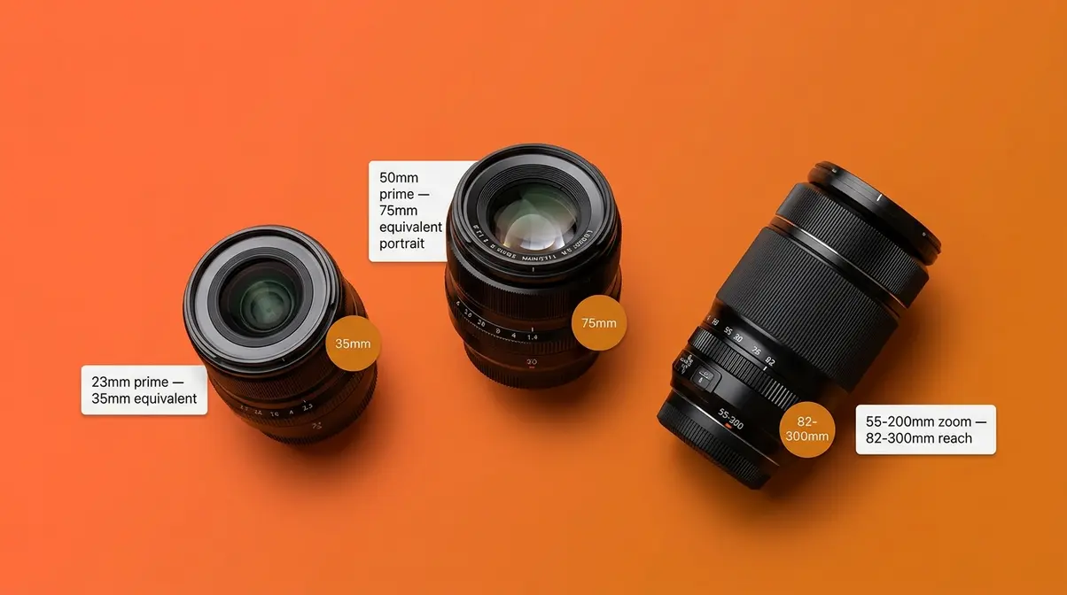 Three recommended lenses for APS-C crop sensor cameras arranged showing wide prime portrait prime and telephoto zoom options