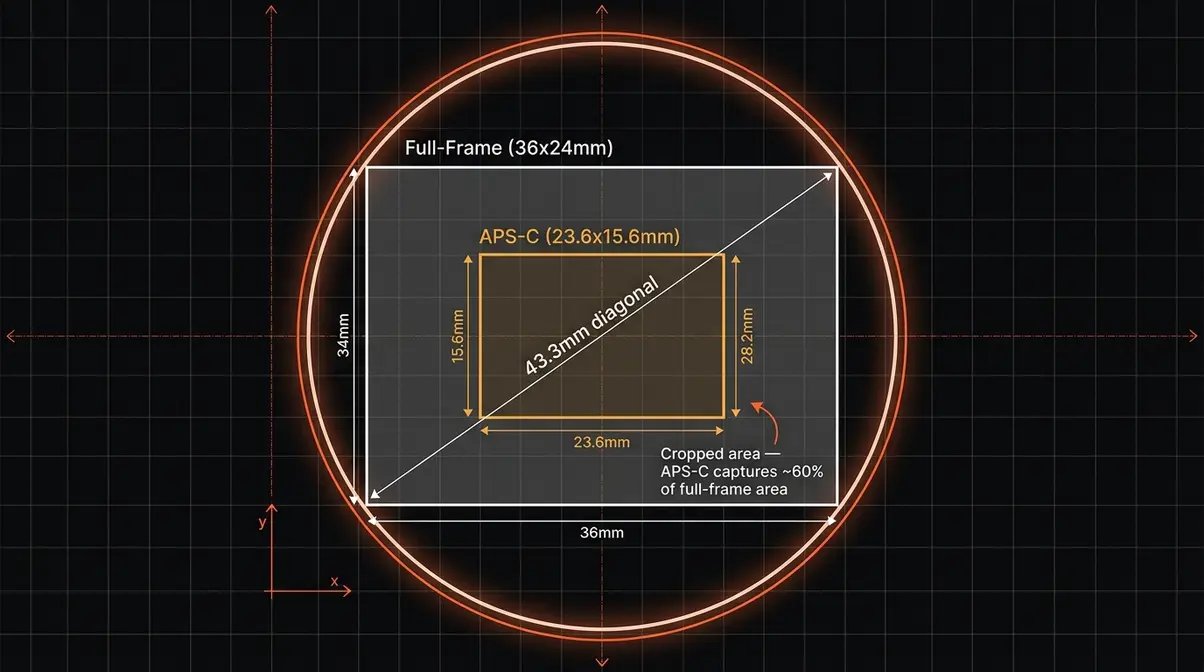 Technical diagram of camera lens image circle with full-frame sensor overlaid versus smaller APS-C sensor showing cropped capture area