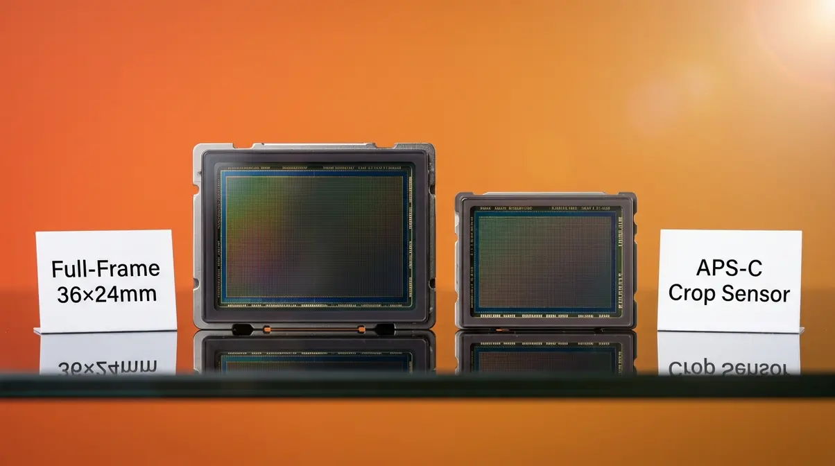 Two camera sensors side by side showing size difference between full-frame and APS-C crop sensor for beginner photographers