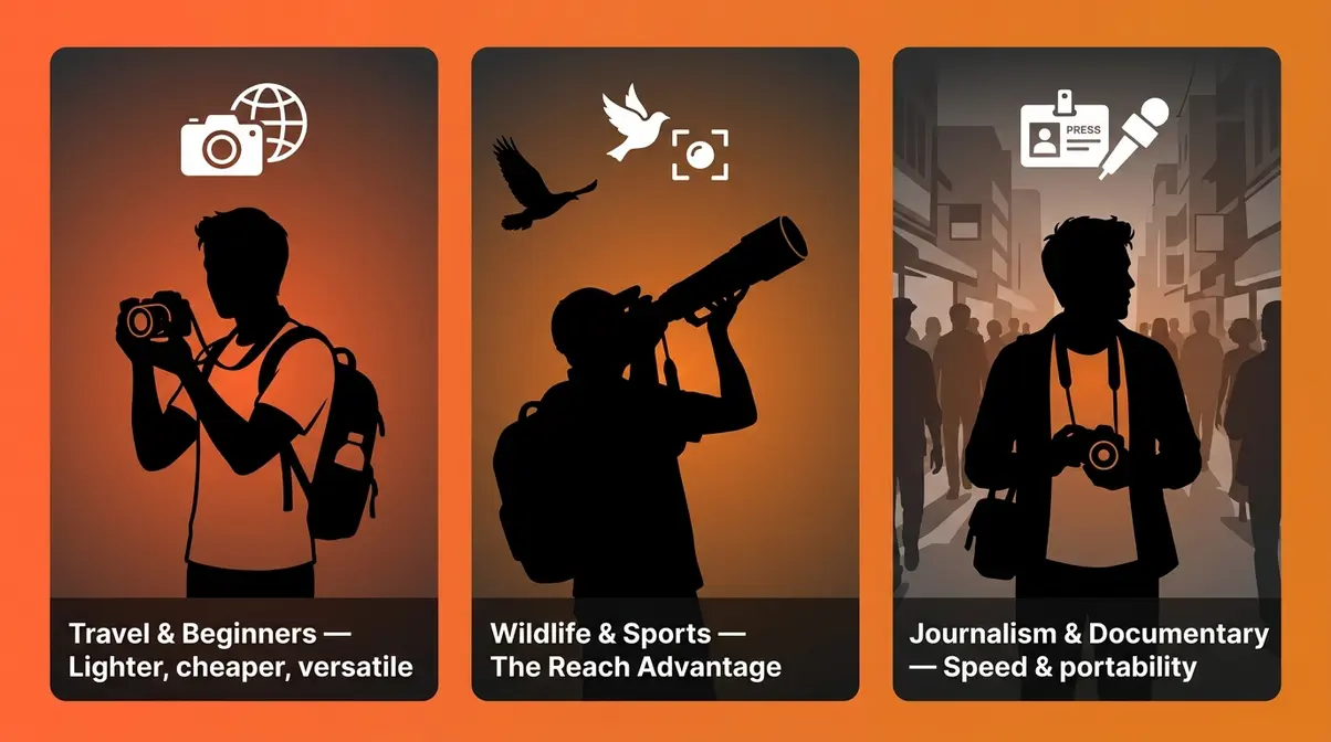 Three photography scenarios showing ideal crop sensor camera users — travel beginners, wildlife sports photographers, and documentary journalists