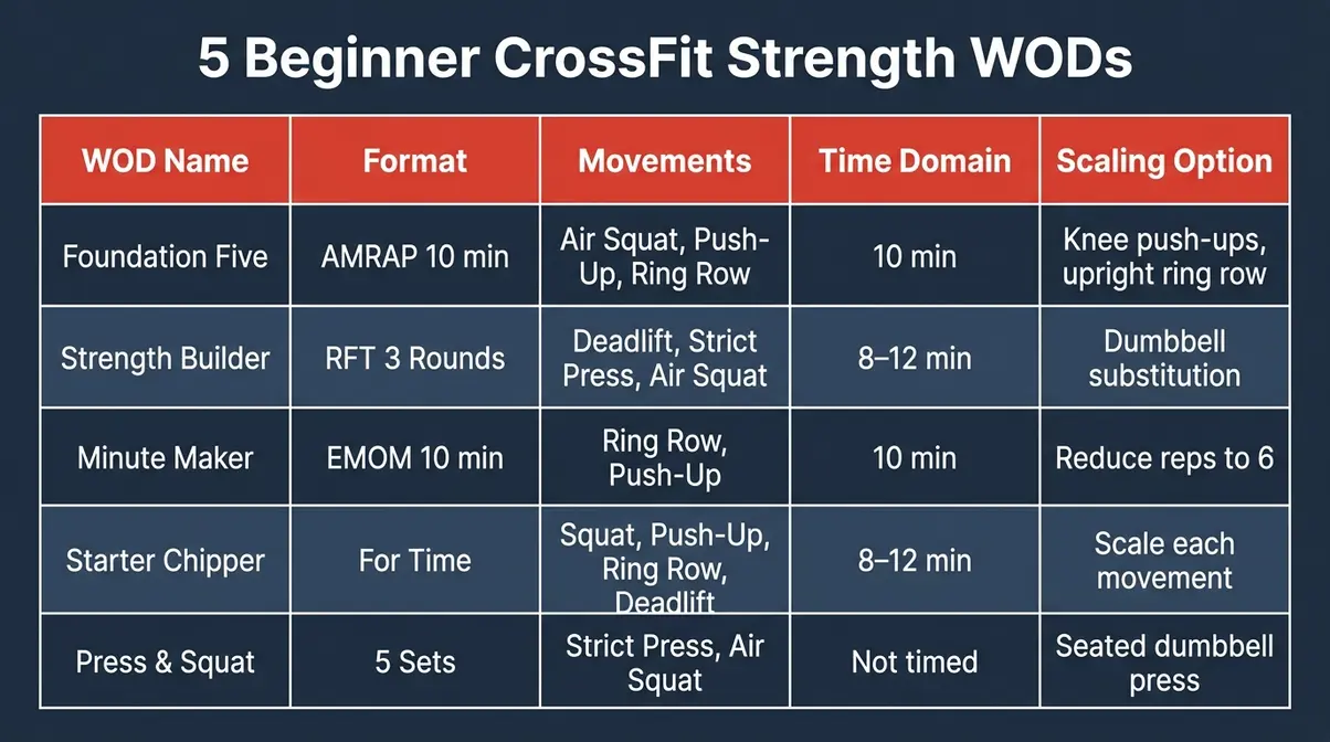 5 beginner crossfit strength training WODs comparison chart showing format movements time domain and scaling options