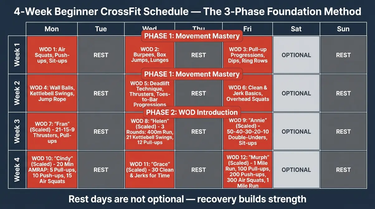 4-week beginner crossfit training schedule calendar showing Phase 1 and Phase 2 of The 3-Phase Foundation Method