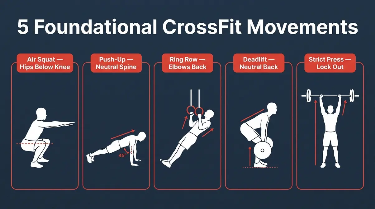 5 foundational crossfit strength training beginners movements diagram showing air squat push-up ring row deadlift strict press