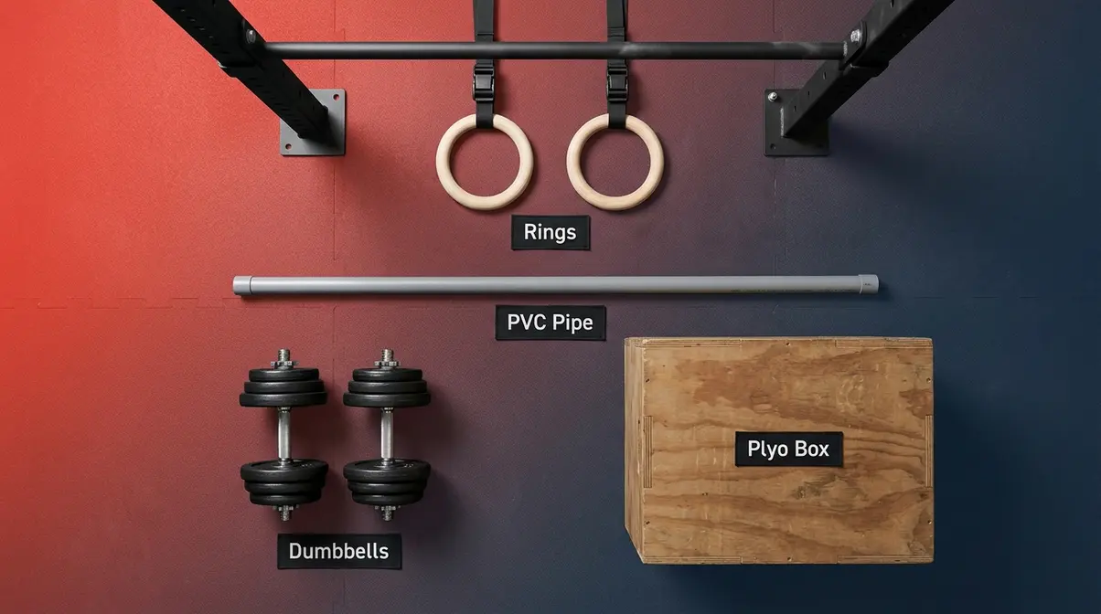 Beginner CrossFit equipment setup showing PVC pipe dumbbells gymnastics rings and plyometric box for foundational movements