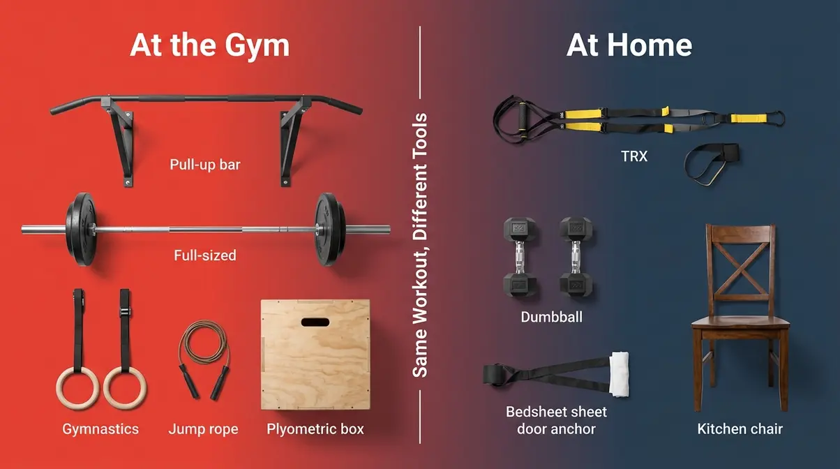 CrossFit home training equipment swaps showing gym gear versus home substitutes for beginner workouts