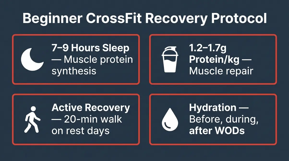 Beginner CrossFit recovery protocol showing sleep protein active recovery and hydration guidelines for strength training