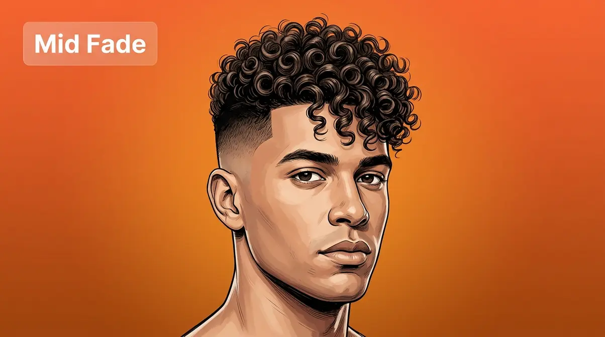 Curly fades and tapers for men showing mid fade with defined Type 3B curls on top