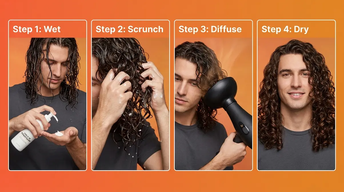 Long curly hairstyles for men styling routine step by step wet scrunch diffuse dry