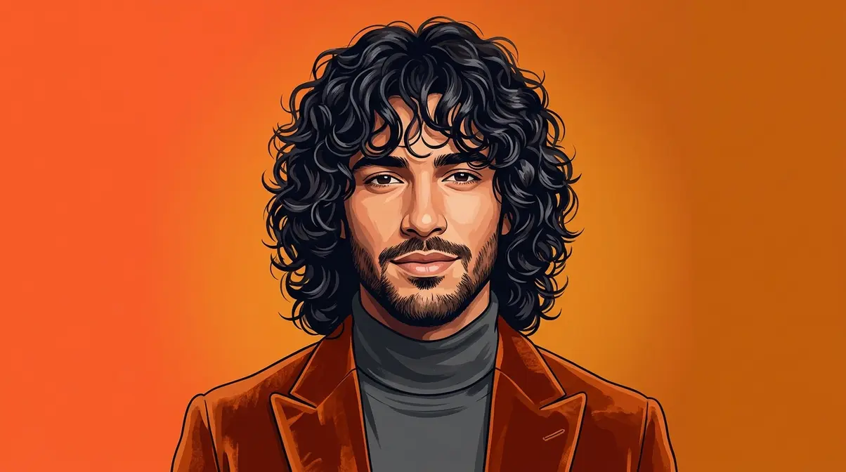 Long curly hairstyles for men showing long curly shag with layers and curtain bangs on Type 3A hair