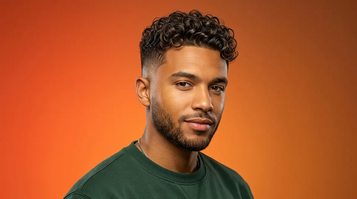 Short curly hairstyles for men showing textured crop with skin fade on Type 2C hair