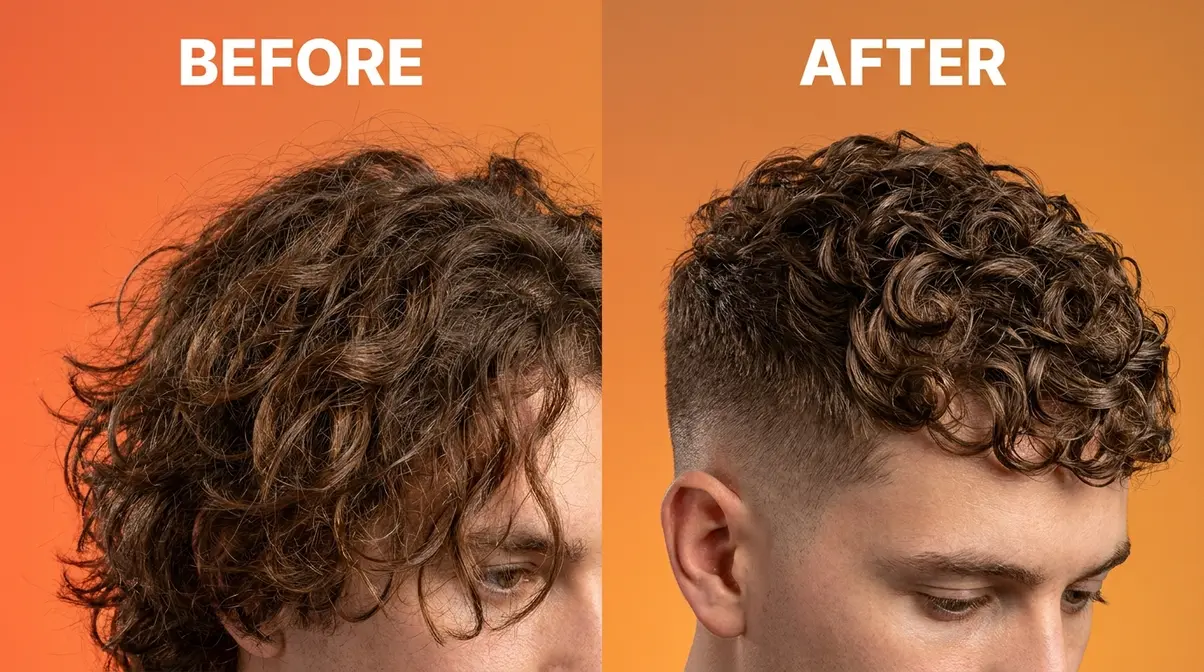 Short curly hairstyles for men textured crop type 2C hair before and after styling