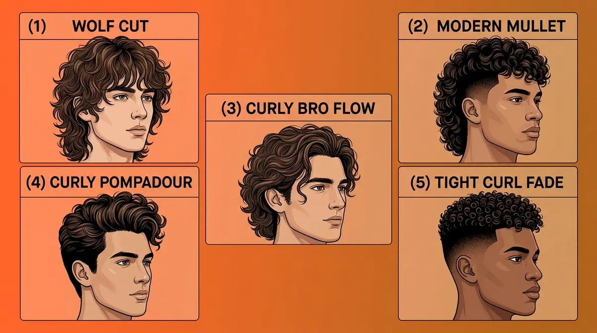 Top five trending curly hairstyles for men in 2026 including wolfcut mullet bro flow pompadour tight fade