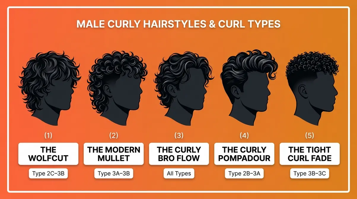 Curly hair hairstyles for men 2026 trending styles wolfcut modern mullet curly pompadour tight curl fade