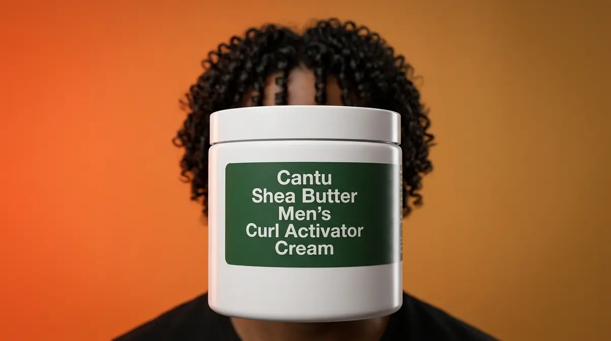 Cantu Shea Butter curly hair products for men jar with defined Type 3 curls in background