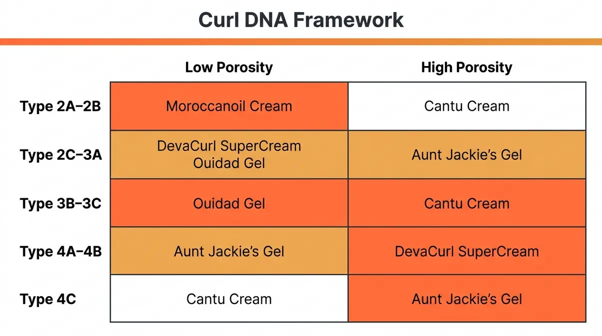 Curl DNA Framework infographic mapping curly hair products for men by curl type and porosity