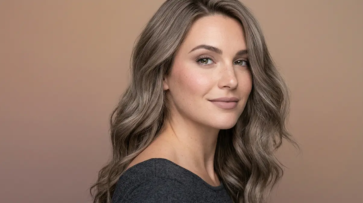 Ash dark blonde hair with cool grey-taupe undertones on a fair-skinned woman in studio lighting