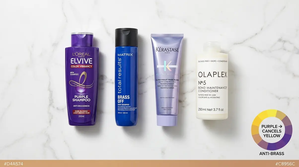 Anti-brassiness routine for dark blonde hair including purple shampoo, blue shampoo, and toning gloss products