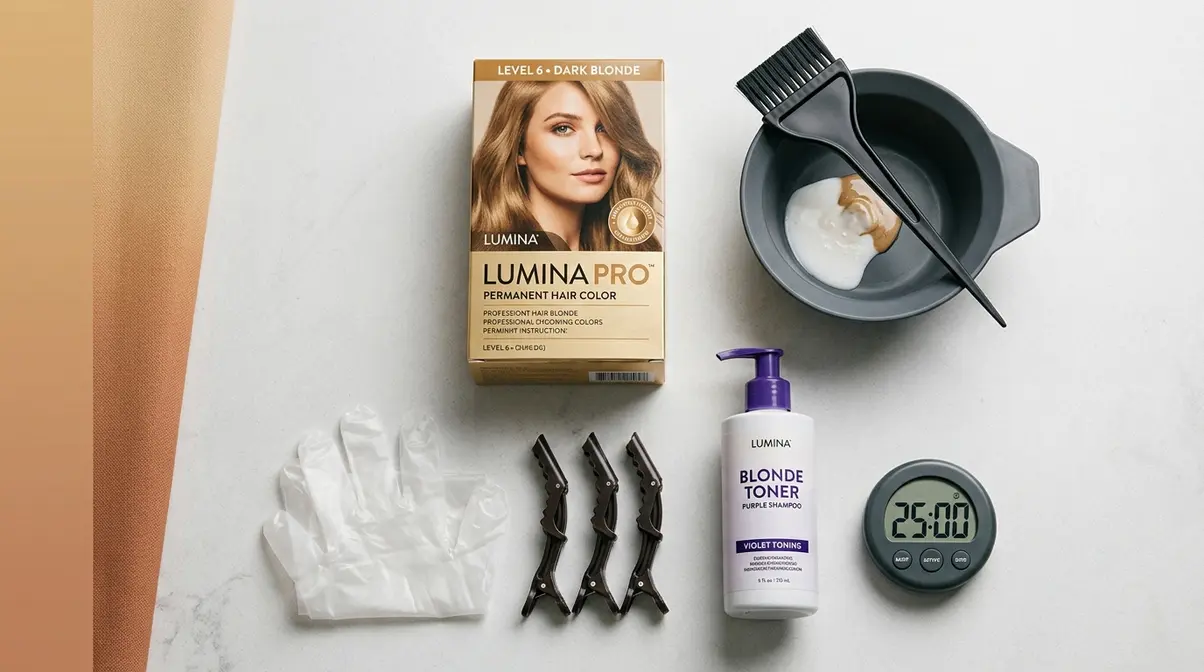 At-home dark blonde hair dye tools including dye box, mixing bowl, brush, clips, and toning shampoo