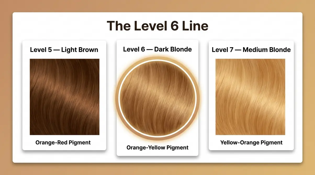 Infographic comparing Level 5 light brown, Level 6 dark blonde, and Level 7 medium blonde hair color swatches with undertone labels