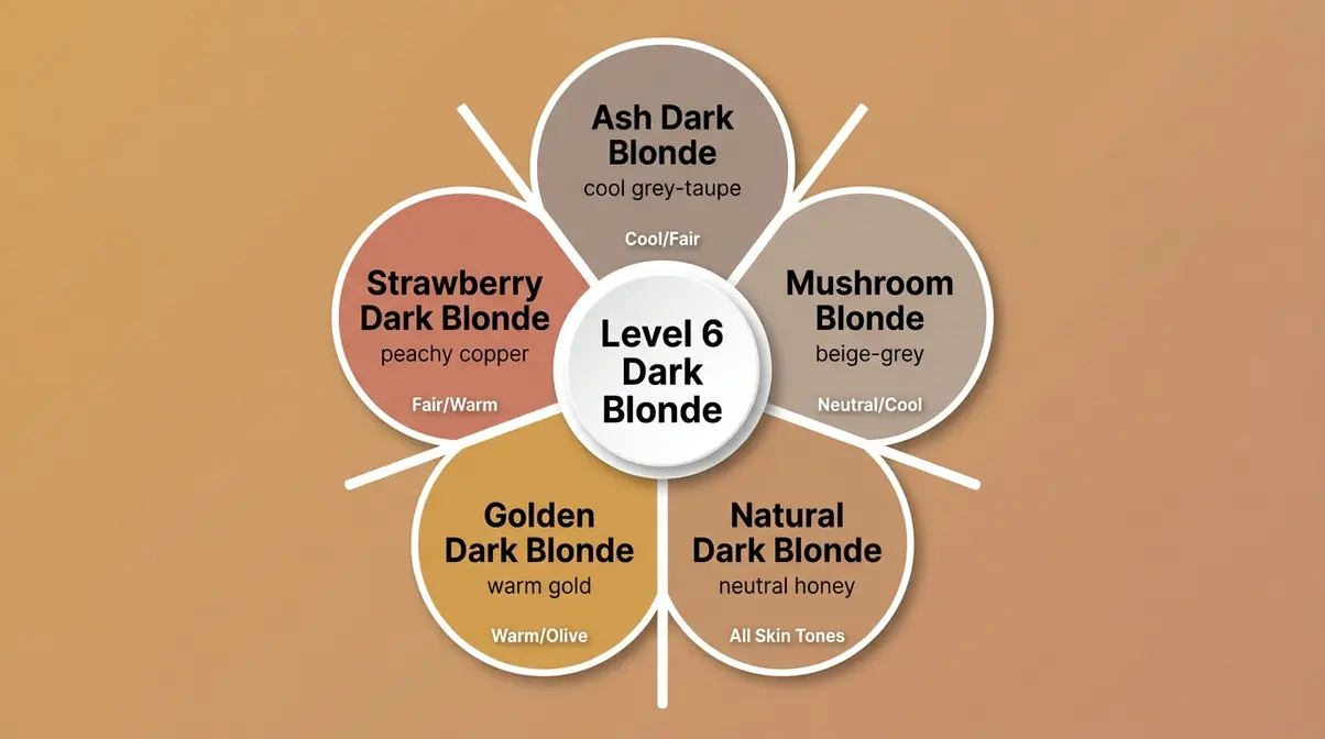 Dark blonde shade family wheel showing ash, golden, strawberry, mushroom blonde, and bronde variations with skin tone pairings