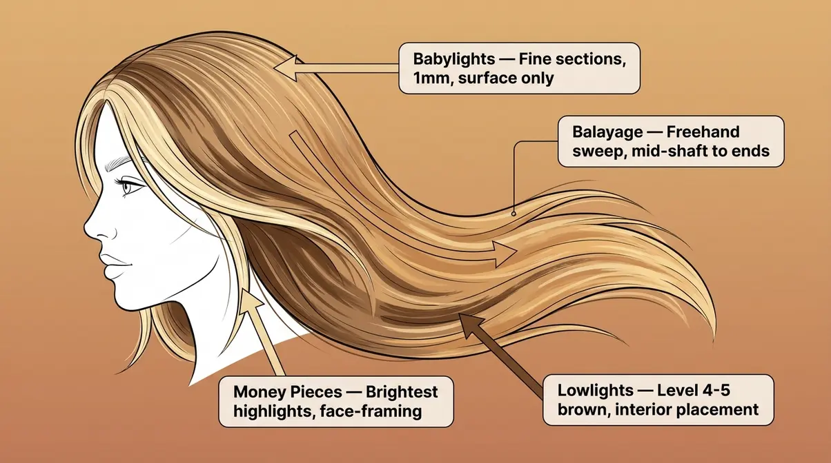 Diagram showing balayage, babylight, and lowlight placement zones on dark blonde hair with labeled technique callouts