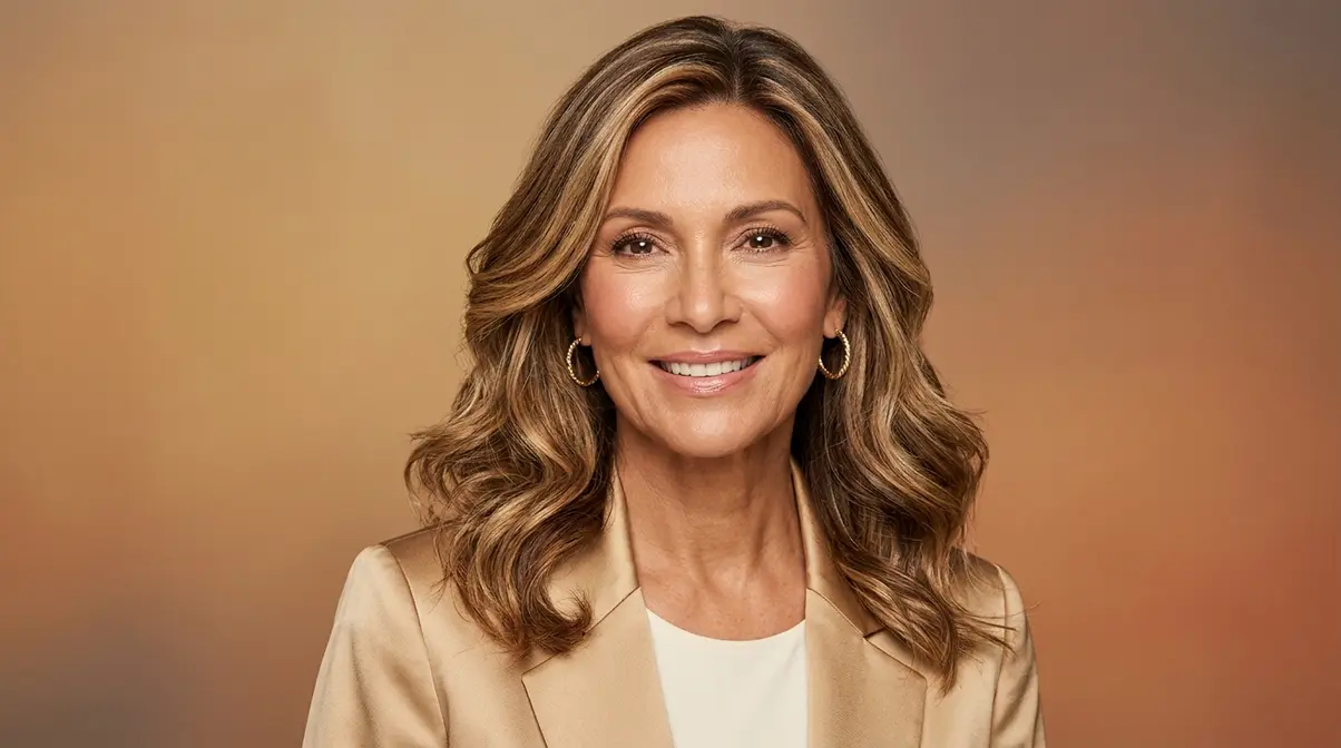 Mature woman with soft dark blonde hair featuring golden face-framing highlights for a youthful luminous look
