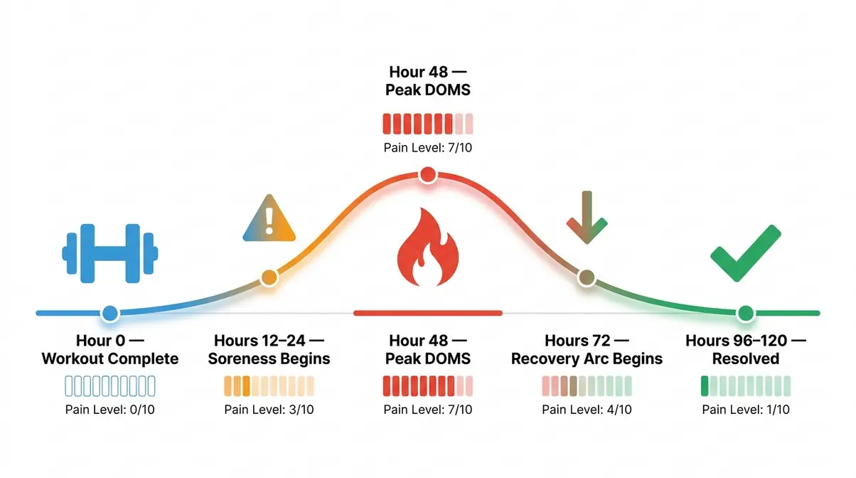72-hour delayed onset muscle soreness recovery timeline infographic showing pain onset peak and resolution phases