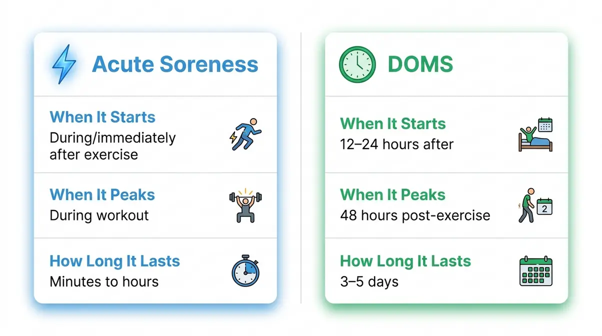 Infographic comparing delayed onset muscle soreness DOMS versus acute muscle soreness timing causes and duration