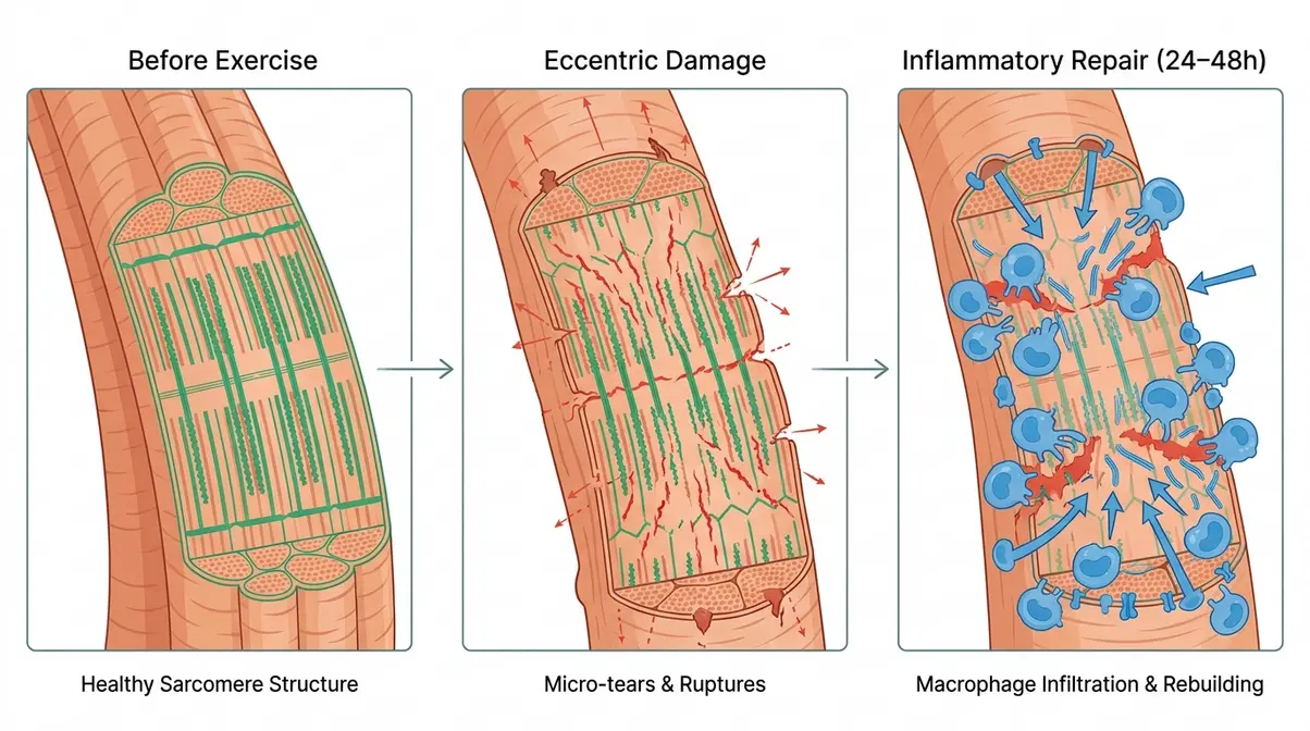 Anatomical diagram showing microscopic muscle fiber tears and macrophage repair response causing delayed onset muscle soreness