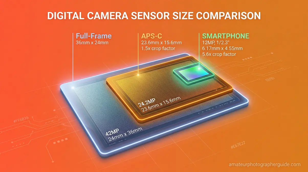 Comparison of full-frame, APS-C, and smartphone digital camera sensor sizes