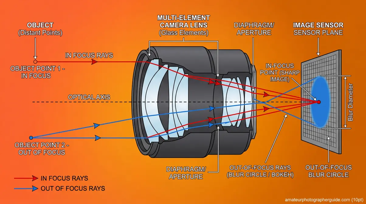 Light ray diagram illustrating the circle of confusion and optical blur
