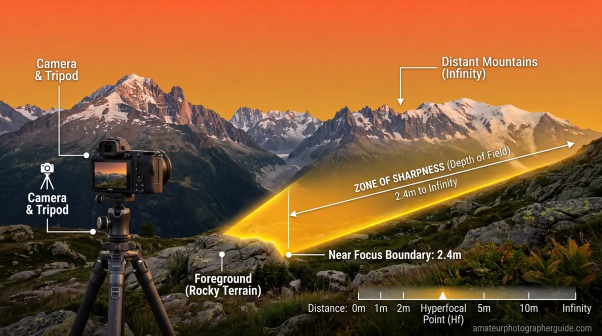 Diagram showing hyperfocal distance calculation for maximum landscape sharpness
