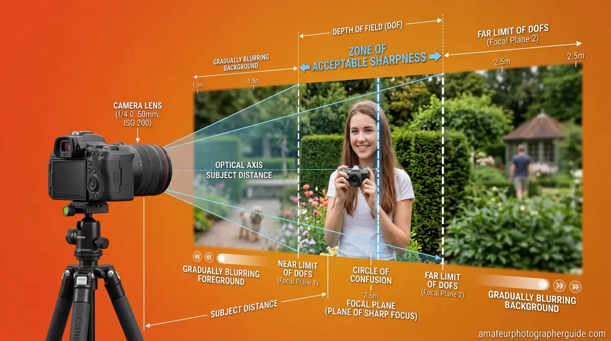 3D diagram showing the zone of acceptable sharpness and focal plane in photography