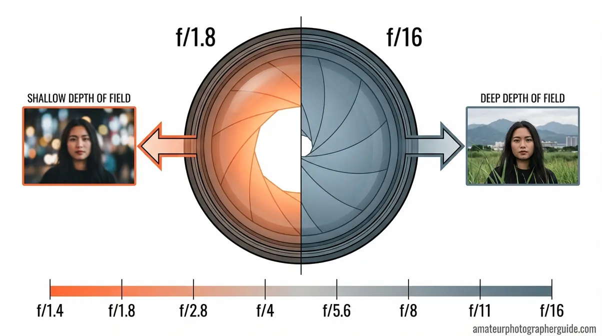 Aperture f-stop diagram showing f/1.8 wide opening for shallow depth of field versus f/16 narrow for deep