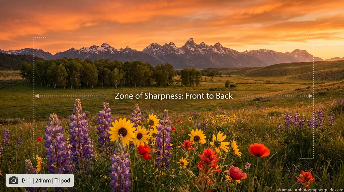 Deep depth of field landscape photography with sharp wildflower foreground and crisp mountain horizon at f/11