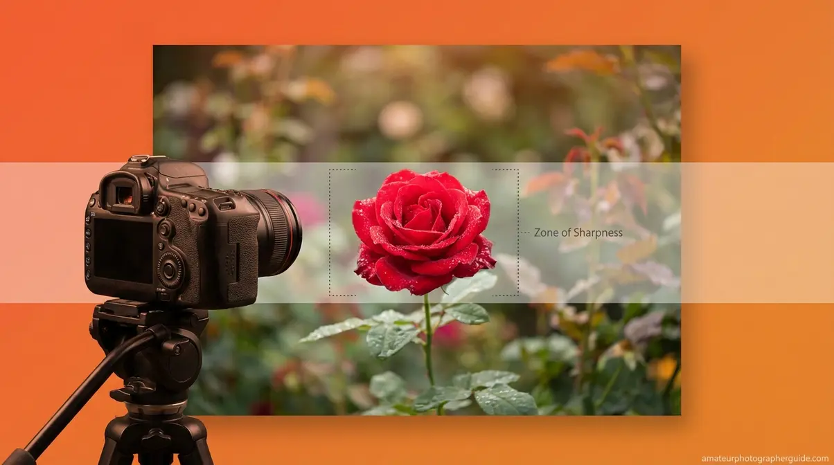 Depth of field photography concept showing sharp red flower with blurred garden background and focus zone