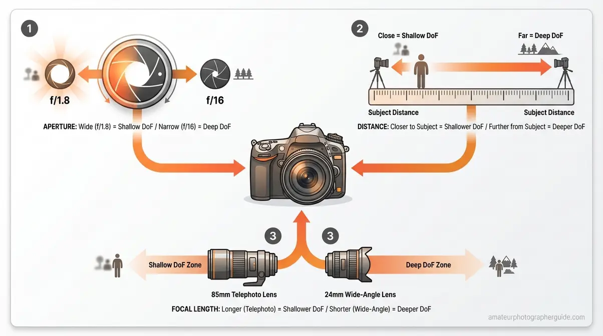 Three controls of depth of field photography: aperture f-stop dial, subject distance ruler, and focal length lenses