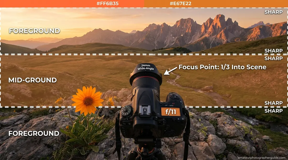 Landscape photography setup for maximum sharpness with tripod wide-angle lens and f/11 aperture one-third focus rule