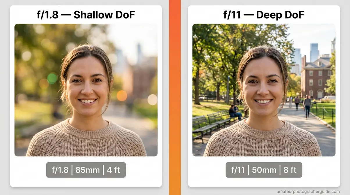 Depth of field photography comparison portrait at f/1.8 blurry background versus f/11 sharp background