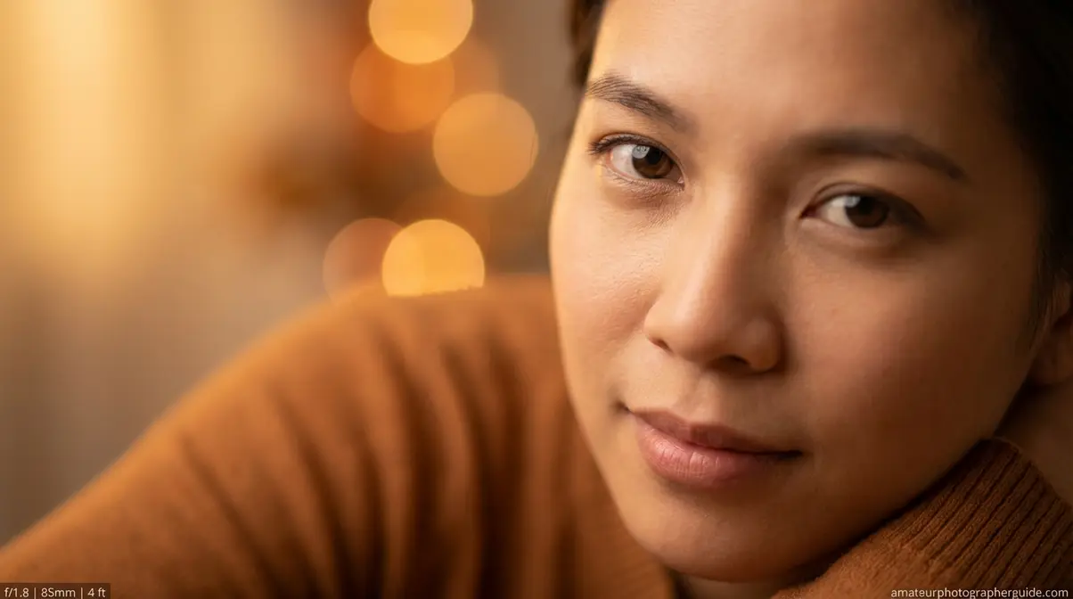 Shallow depth of field photography portrait with sharp eye and smooth blurry bokeh background at f/1.8