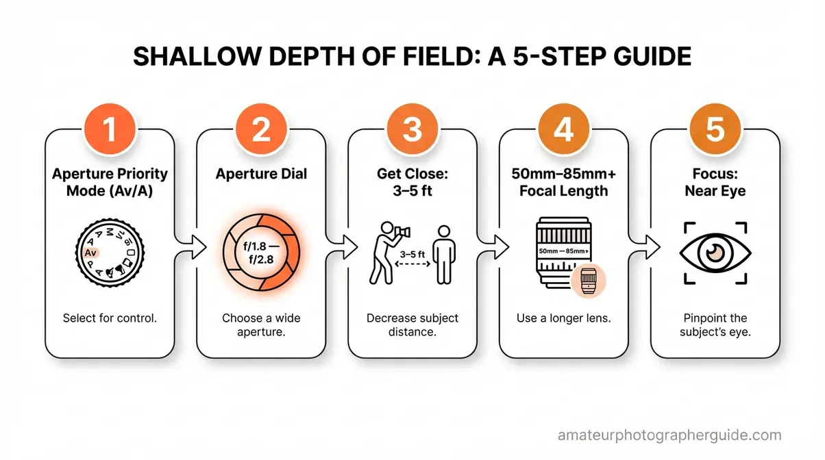 Camera settings diagram for shallow depth of field photography with aperture f/1.8 and five steps