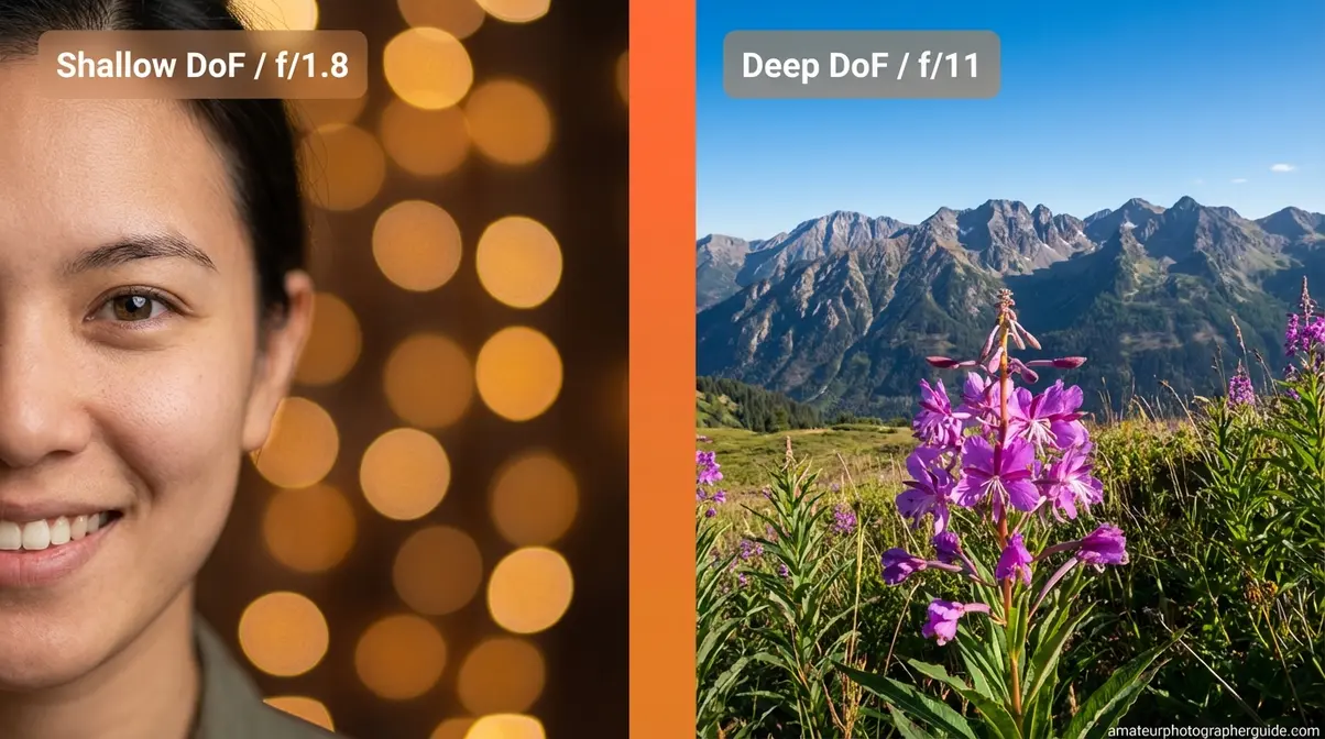 Shallow versus deep depth of field photography side by side portrait and landscape comparison