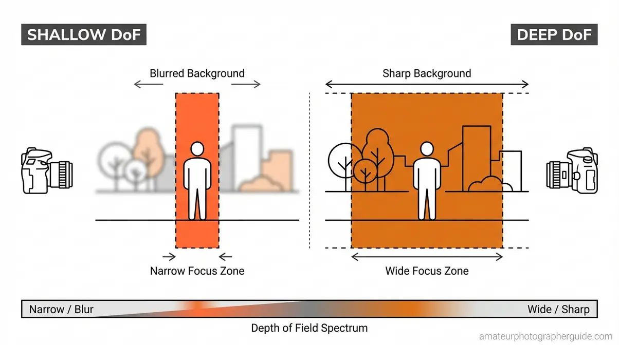 Depth of field photography diagram showing narrow shallow focus zone versus wide deep focus zone