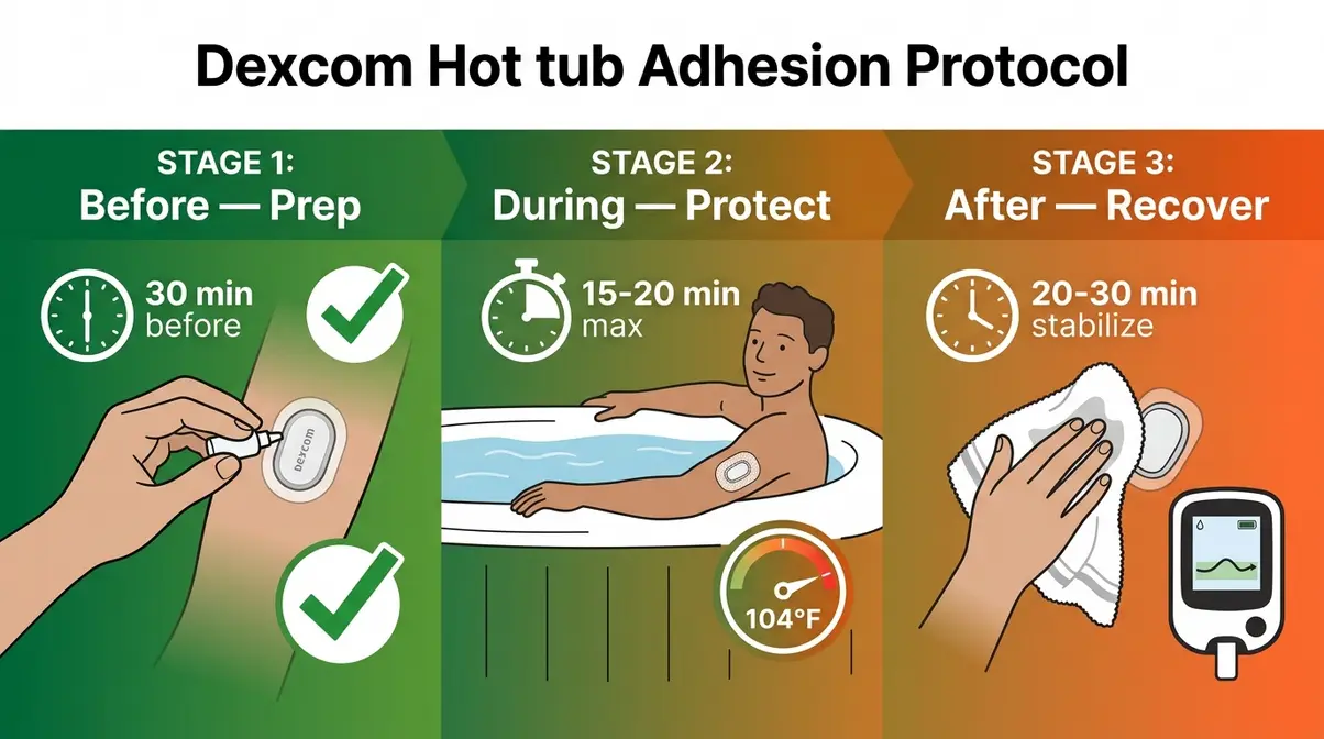 Dexcom Hot Tub Safe? G6 & G7 Complete Guide (2026) 2 Three-step Dexcom hot tub adhesion protocol showing before during and after sensor care process