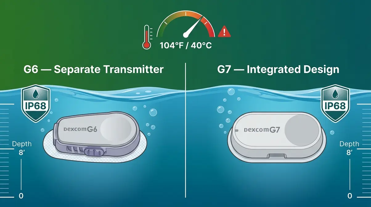 Dexcom Hot Tub Safe? G6 & G7 Complete Guide (2026) 1 Dexcom G6 versus G7 waterproof IP68 rating comparison showing 8-foot depth and 104°F temperature limit